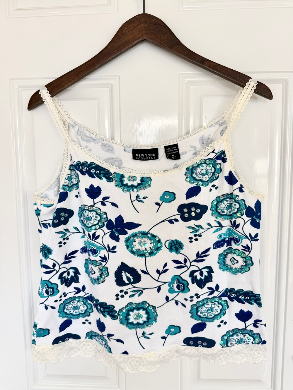 New York & Company White Floral Lace-Trim Camisole with Teal & Navy Print